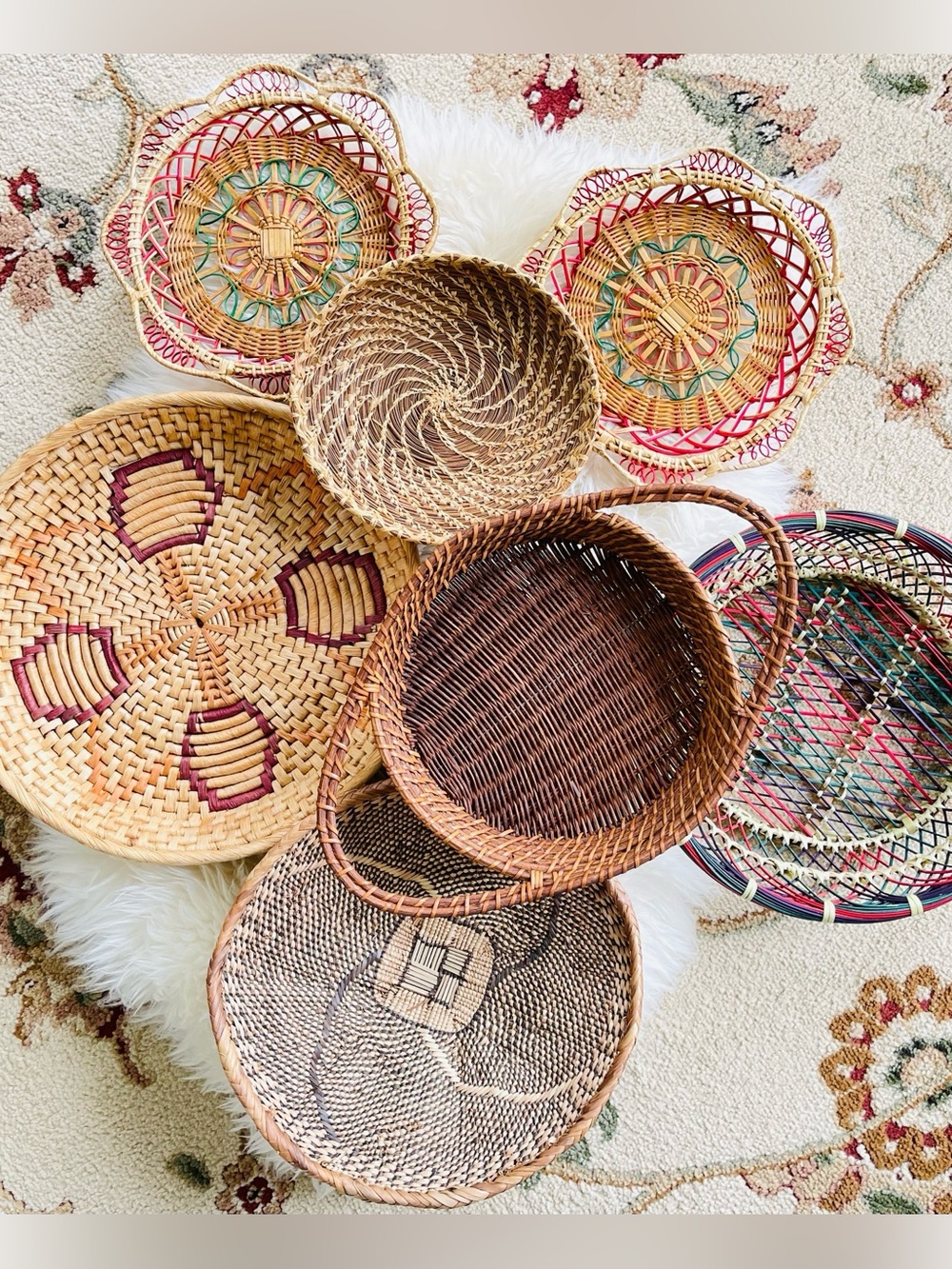 Set of 7 Vintage Woven Wicker Multicolor Baskets Tabletop or Wall Decor Boho